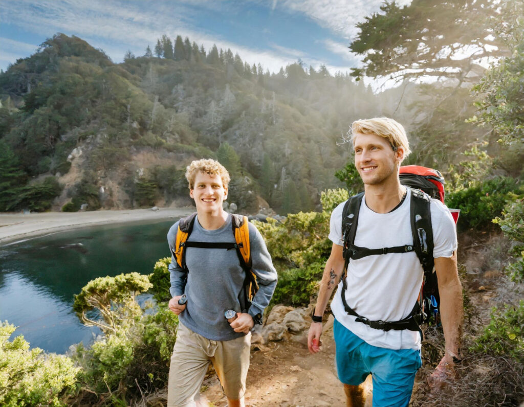 two young men with seasonal depression taking a mental health hike